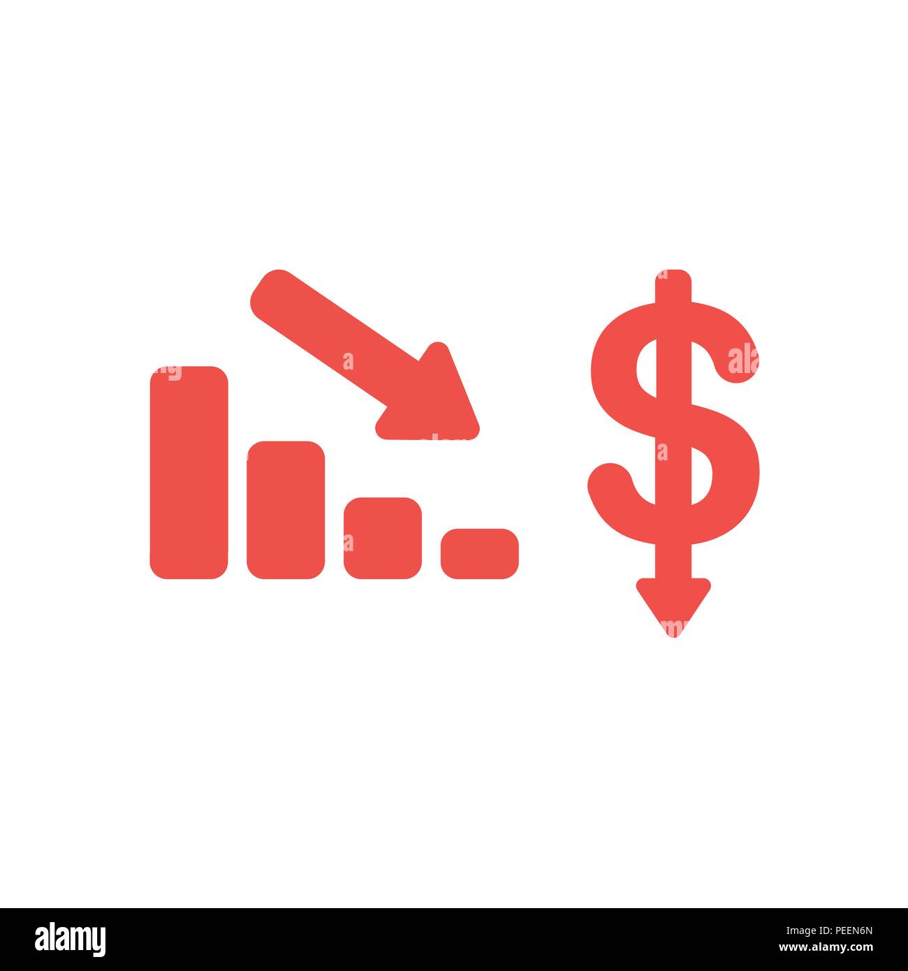 Flat design vector illustration concept of red sales bar chart with arrow moving down and red dollar money symbol icon with arrow moving down. Stock Vector