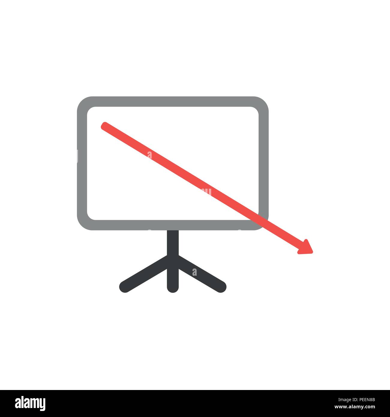 Flat design vector illustration concept of red arrow moving down and out of presentation chart symbol icon. Stock Vector