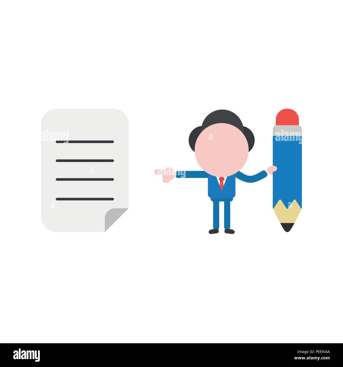 Vector illustration of businessman character holding blue pencil icon ...