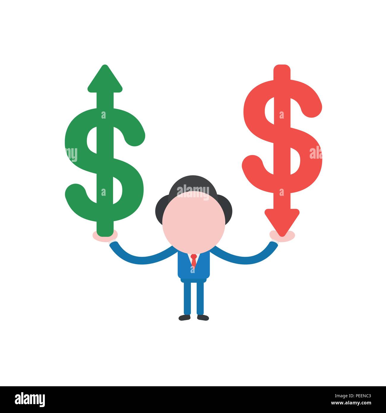 Vector illustration of businessman character holding green and red ...