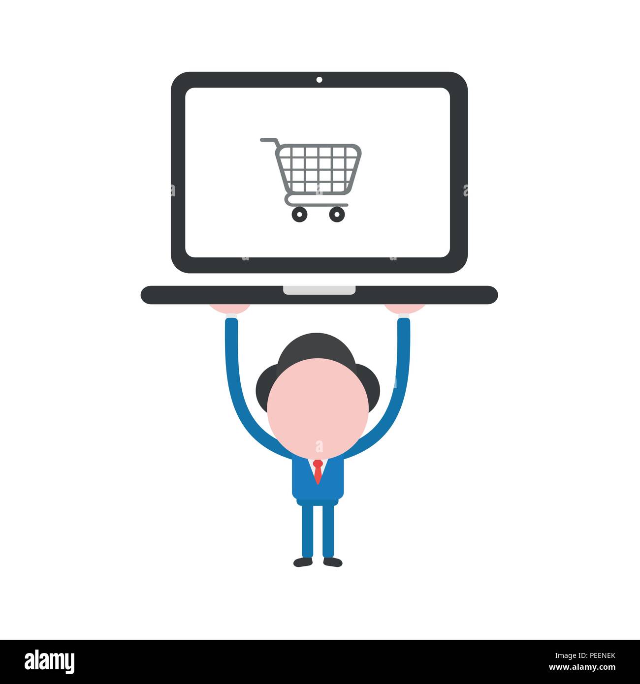 Vector illustration of businessman character holding up black laptop ...
