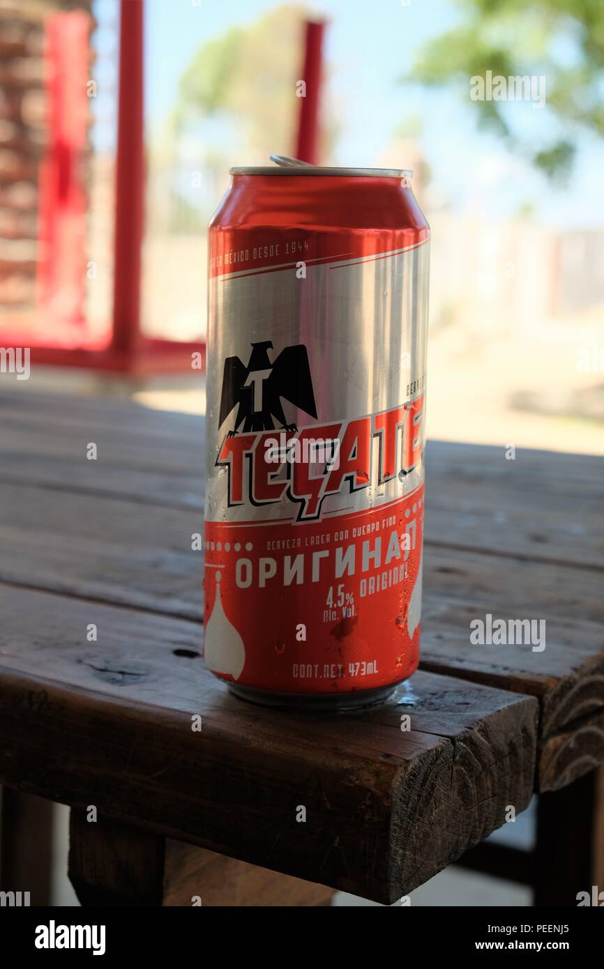 Aluminum Tecate beer can developed for sale during the 2018 Russia World Cup. Stock Photo