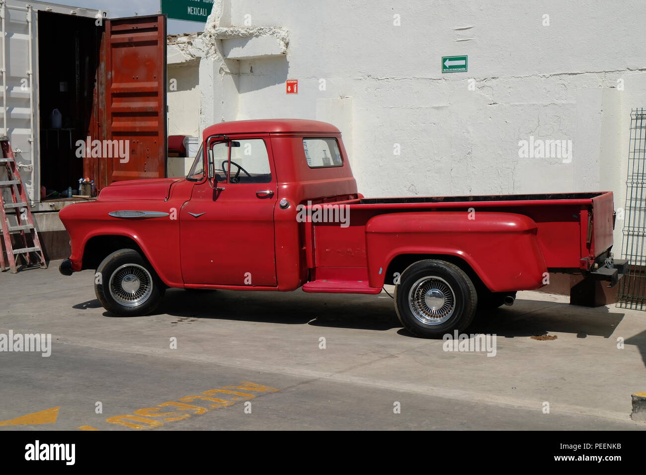 1957 Red Chevy Side Step Pickup Truck, Tecate, Baja California, Mexico. Stock Photo