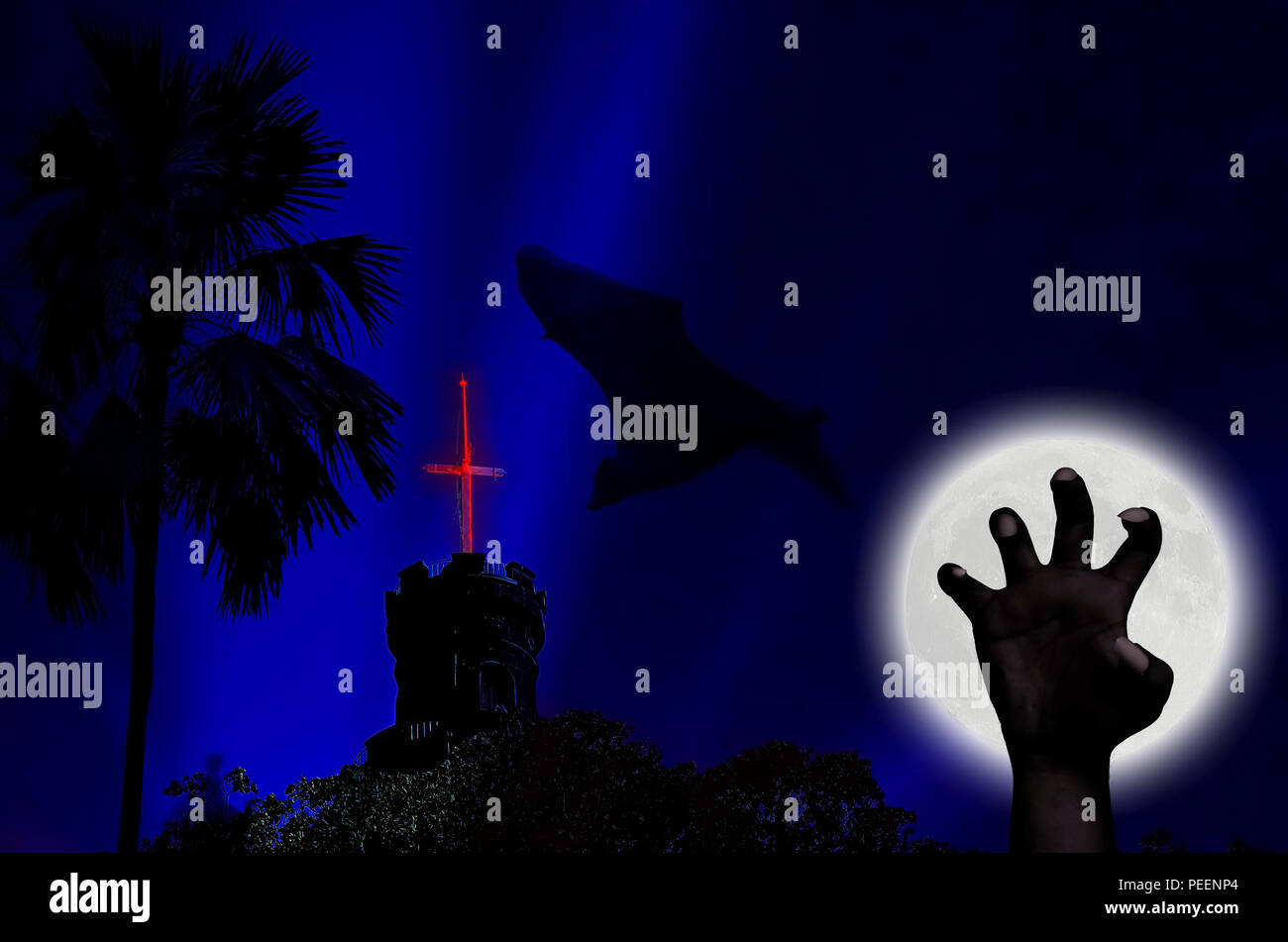Halloween background. The photo is constructed by fusing my six photos. It consist of 13 layers. Stock Photo