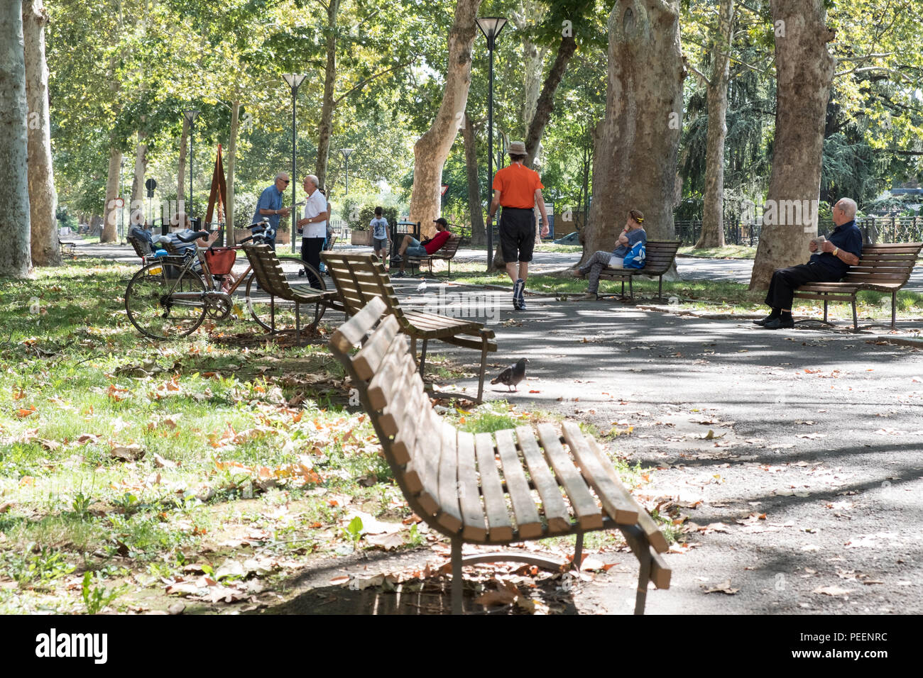 People enjoying and relaxing on a Sunday morning in the sun at the park. Piacenza, Italy. Stock Photo