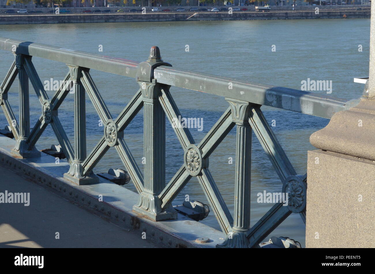 Cast iron railing on Chain Bridge in Budapest, Hungary, built in 1849, designed by William Tierney Clark, supervised by Scot Adam Clark Stock Photo