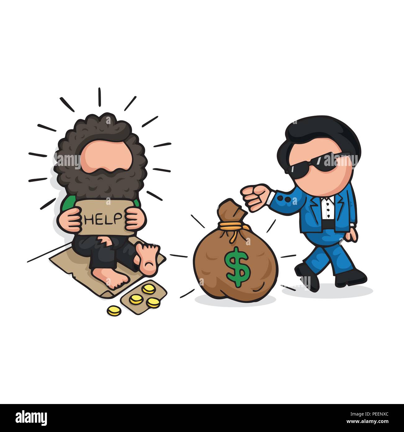 Vector hand-drawn cartoon illustration of rich man giving money bag to  homeless on sidewalk and homeless is shocked Stock Vector Image & Art -  Alamy