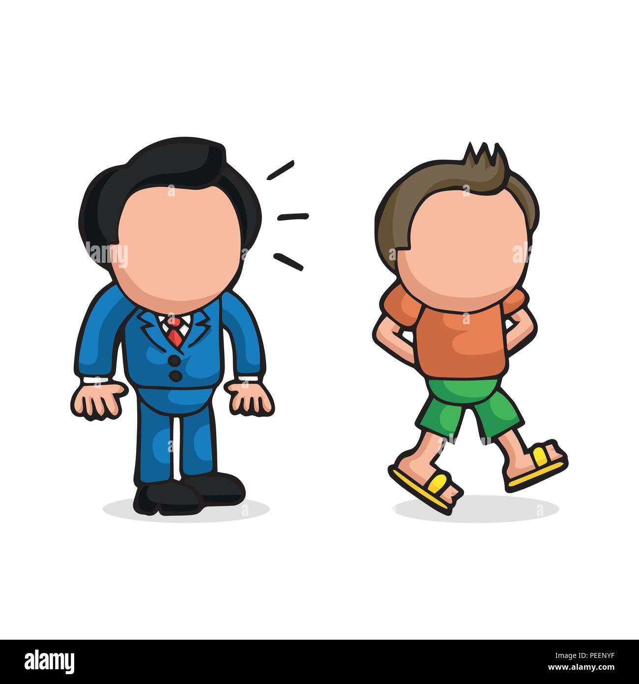 Vector hand-drawn cartoon illustration of businessman looking and envy happy -go-lucky man walking in casual attire Stock Vector Image & Art - Alamy