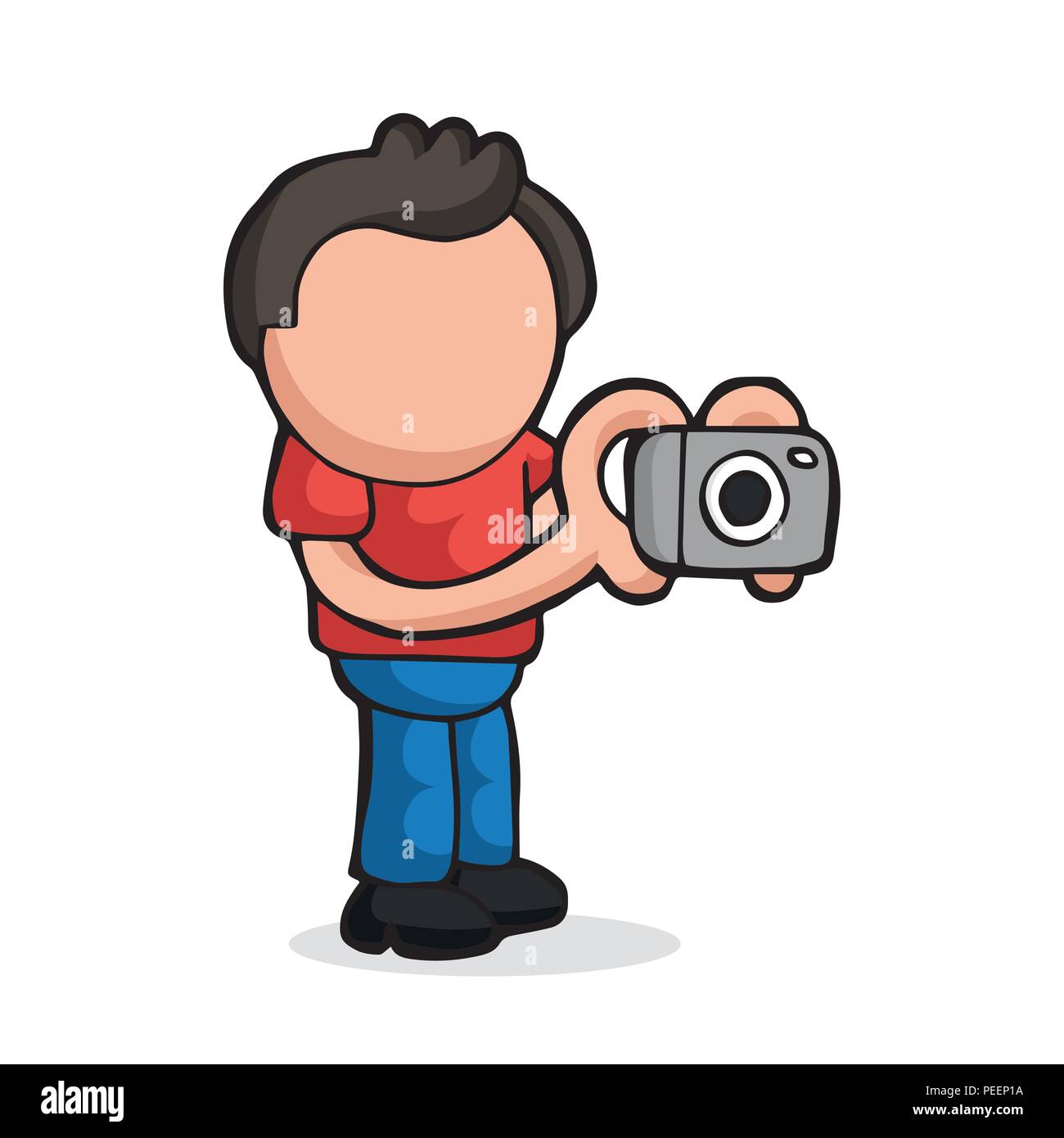 Vector hand-drawn cartoon illustration of photographer man standing shooting with camera. Stock Vector