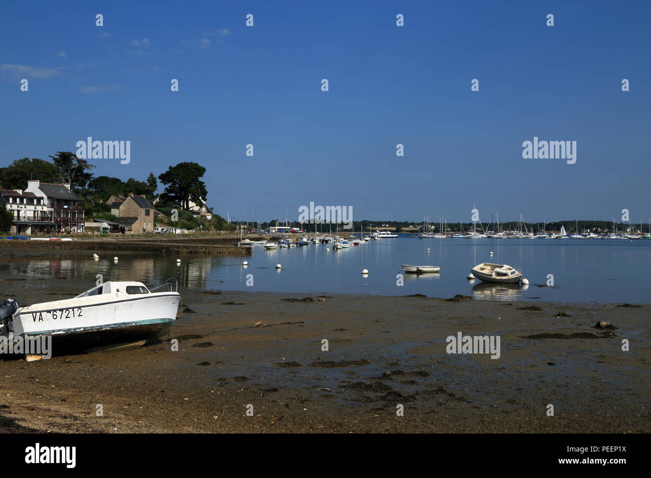 Beach at low tide with boats moored at Rue Benoni Praud, Ile Aux Moines, Morbihan, Brittany, France Stock Photo