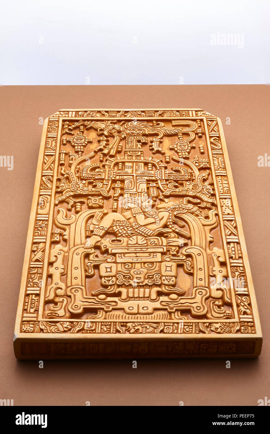 'The Palenque Astronaut' (Actually, depicting the mayan World Tree with Pakal offered in sacrifice, hands tied) - Tourist replica of Pakal’s tomb lid Stock Photo