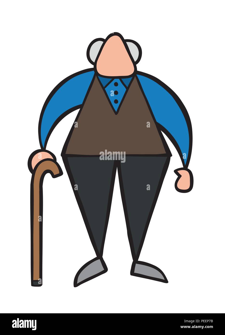 Vector illustration cartoon old man standing with wooden walking stick. Stock Vector