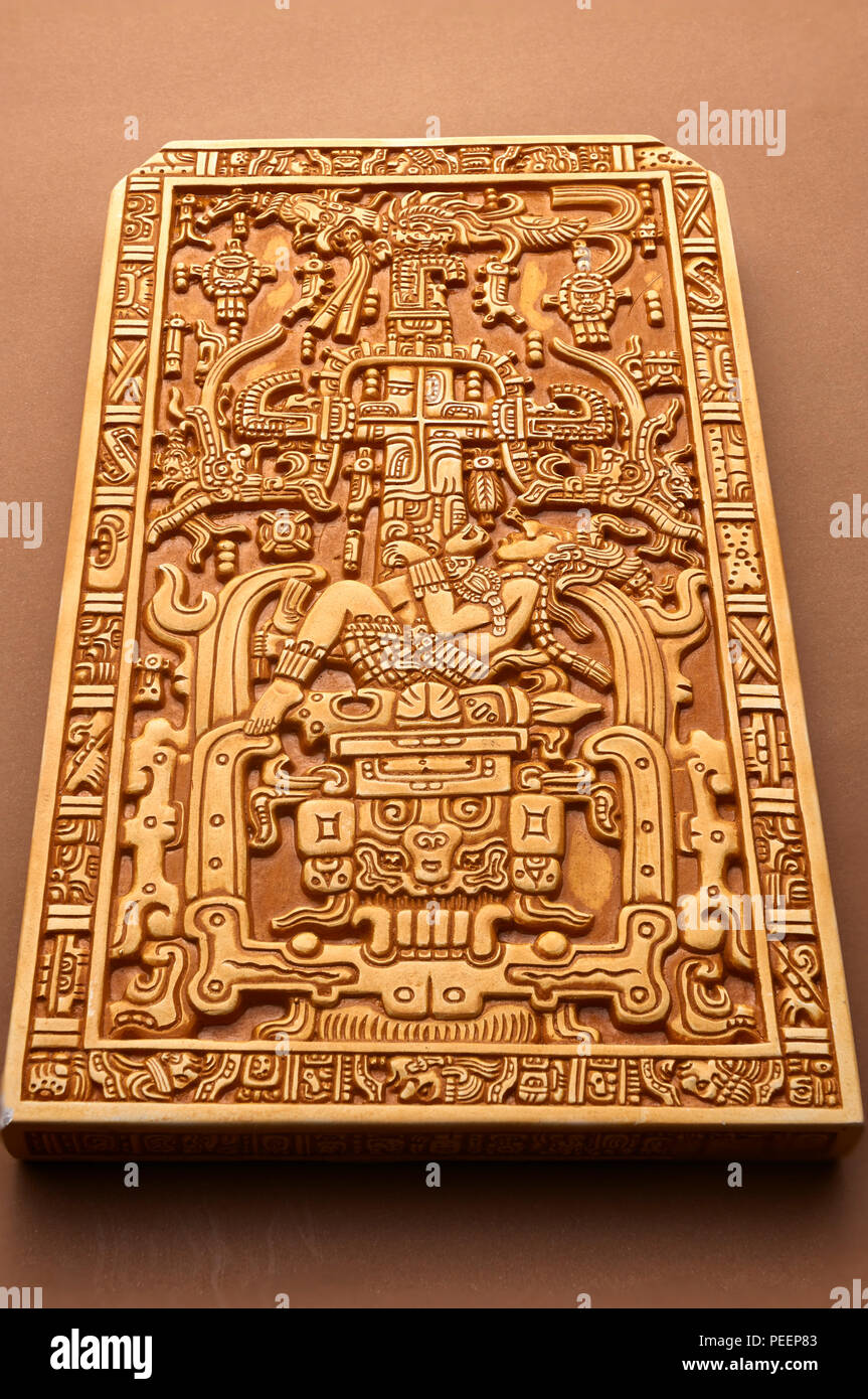 'The Palenque Astronaut' (Actually, depicting the mayan World Tree with Pakal offered in sacrifice, hands tied) - Tourist replica of Pakal’s tomb lid Stock Photo