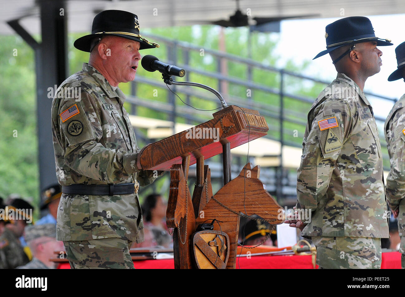 Maj. Gen. Michael Bills, 1st Cavalry Division commanding general, speaks at the 3rd Cavalry Regiment change of command ceremony held Wednesday on Cooper Field at Fort Hood, Texas. (U.S. Army photo taken by Spc. Eric Warren, 3rd Cavalry Regiment Public Affairs) (Released) Stock Photo