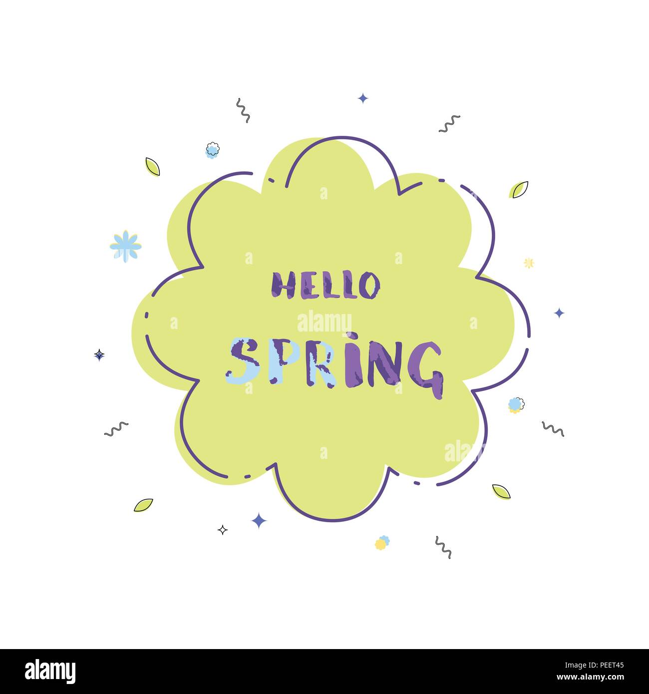 Hello Spring handwritten lettering on flower banner with frame and ...