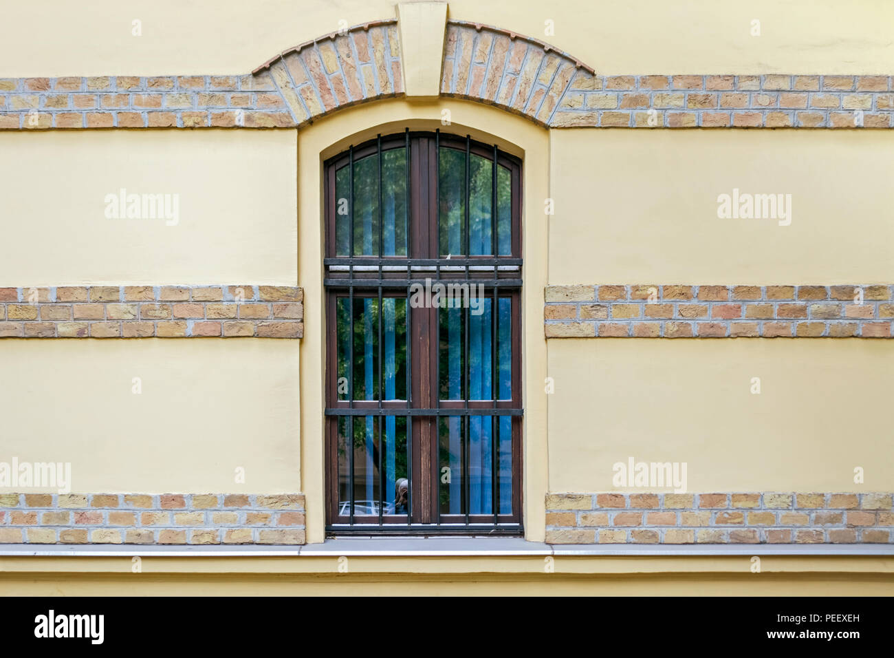 Window With Arch And Iron Bars On The Yellow Wall With Decorative