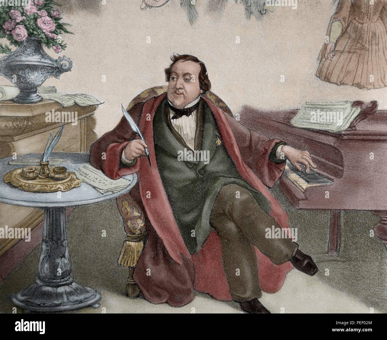 Gioacchino Rossini (Pésaro, 1792-París, 1868). Compositor italiano. Rossini componiendo con la ayuda del piano. Grabado del siglo XIX. Coloreado. Stock Photo