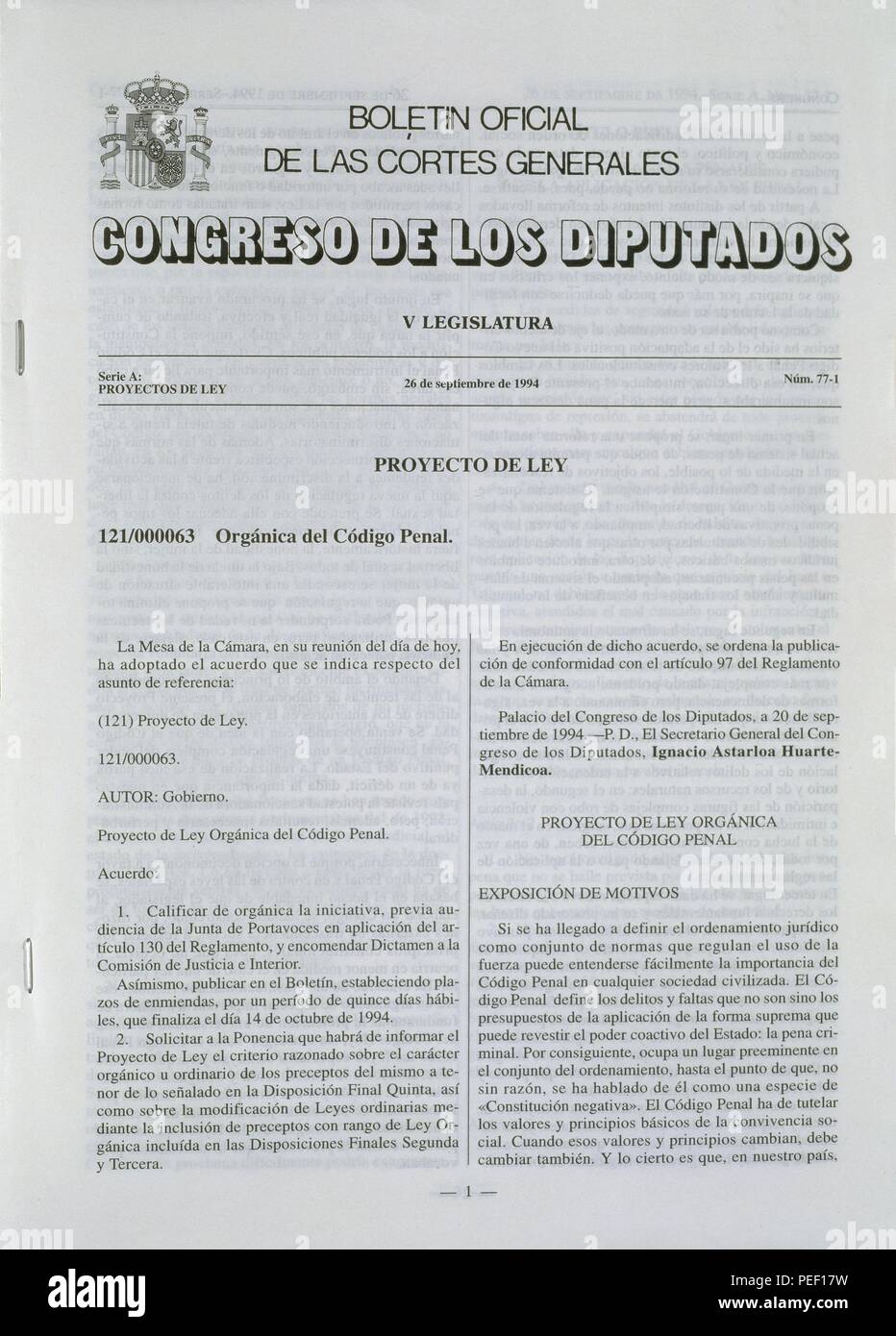 BOLETIN OFICIAL DE LAS CORTES GENERALES - CONGRESO DE LOS DIPUTADOS -  PROYECTO DE LEY ORGANICA DEL CODIGO PENAL - 1994. Location: CONGRESO DE LOS  DIPUTADOS-BIBLIOTECA, MADRID, SPAIN Stock Photo - Alamy