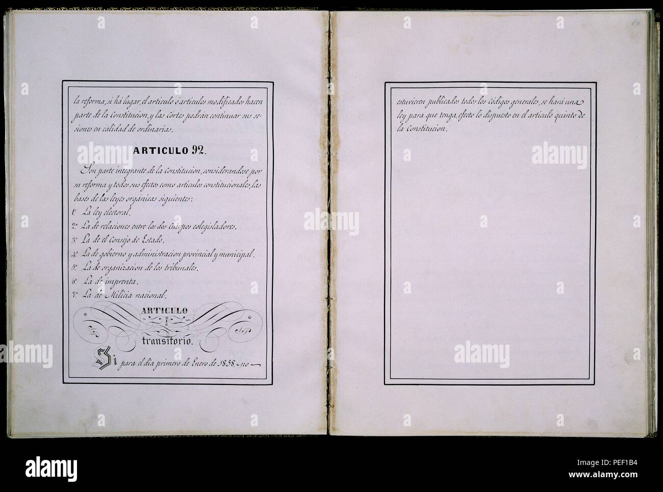CONSTITUCION DE 1856 - DOBLE PAGINA - ARTICULO 92. Location: CONGRESO DE LOS DIPUTADOS-BIBLIOTECA, MADRID, SPAIN. Stock Photo
