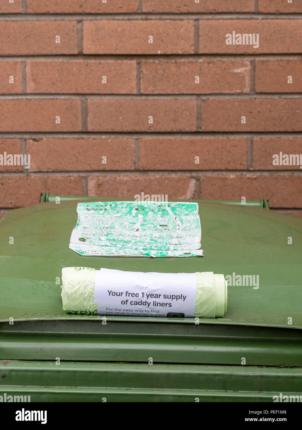 Recycling bin bags left by council for householder on top of bin Stock