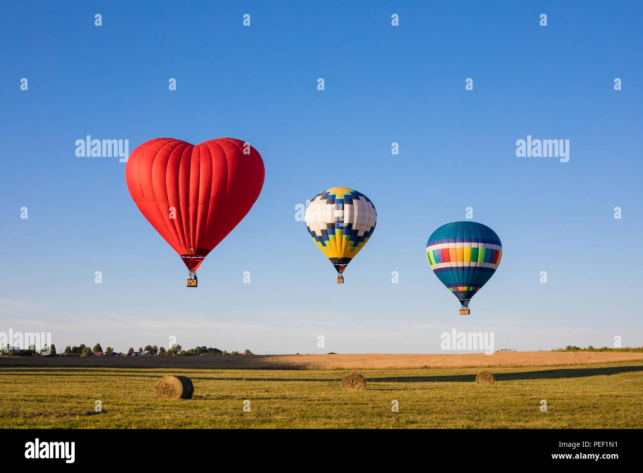 Red heart shaped and colourful air balloon flying over the fields with ...