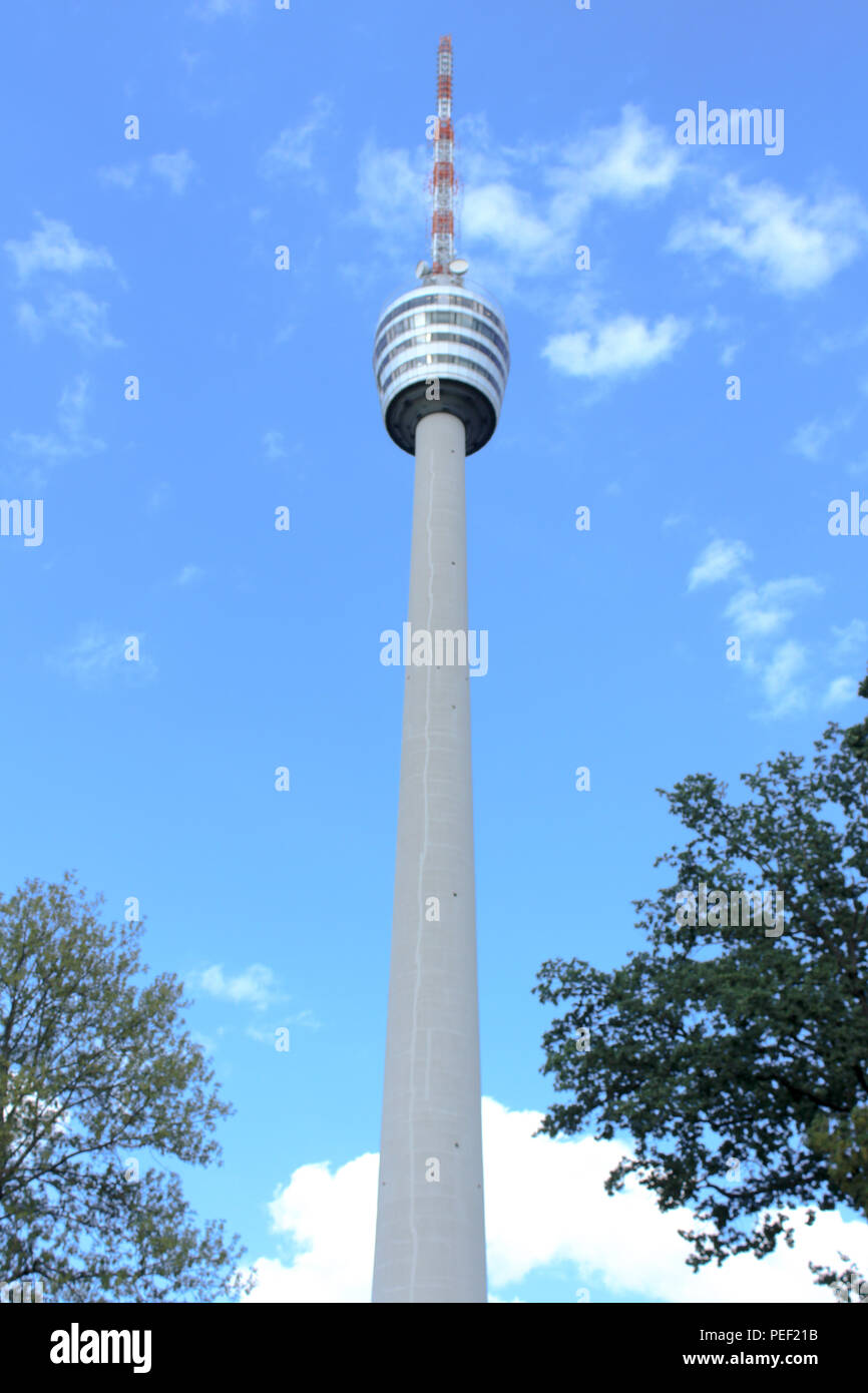 Famous TV Tower located Stuttgart Germany Telecommunications tower against blue sky Stock Photo
