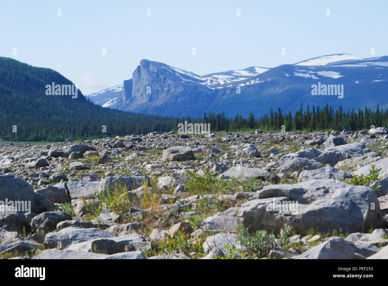 Skierfe seen from rocky shore of lake Tjaktjajaure. Jokkmokk, Norrbotten, Sweden. 28.6.2009 Stock Photo