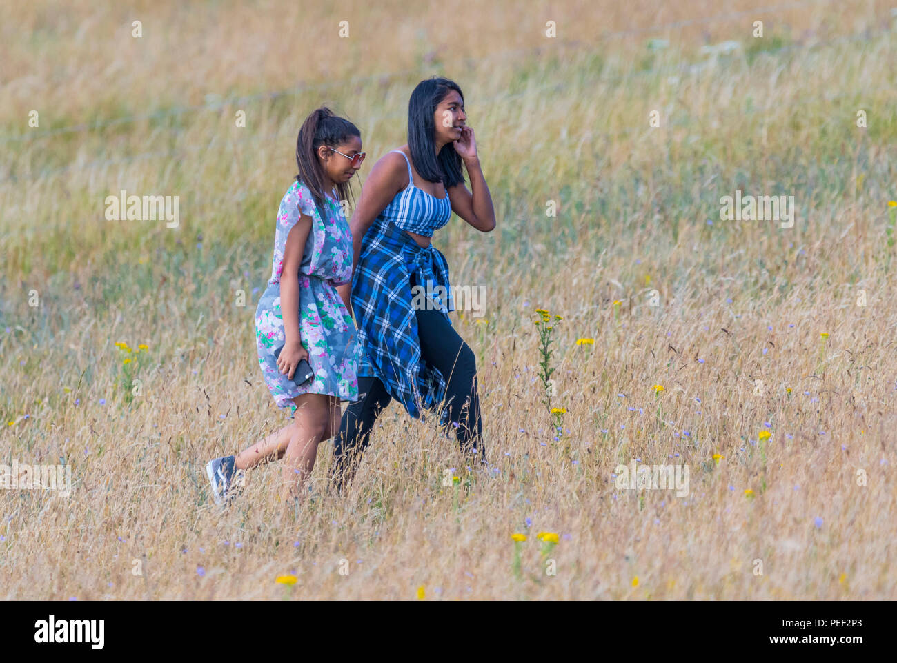 Pair of young Asian girls walking together in a dried field in Summer in the UK. Stock Photo