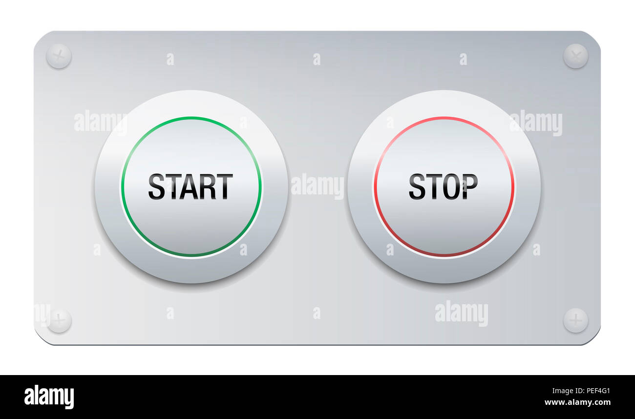 Start and stop button on a chrome surface panel for instruments, machines, gadgets. Stock Photo