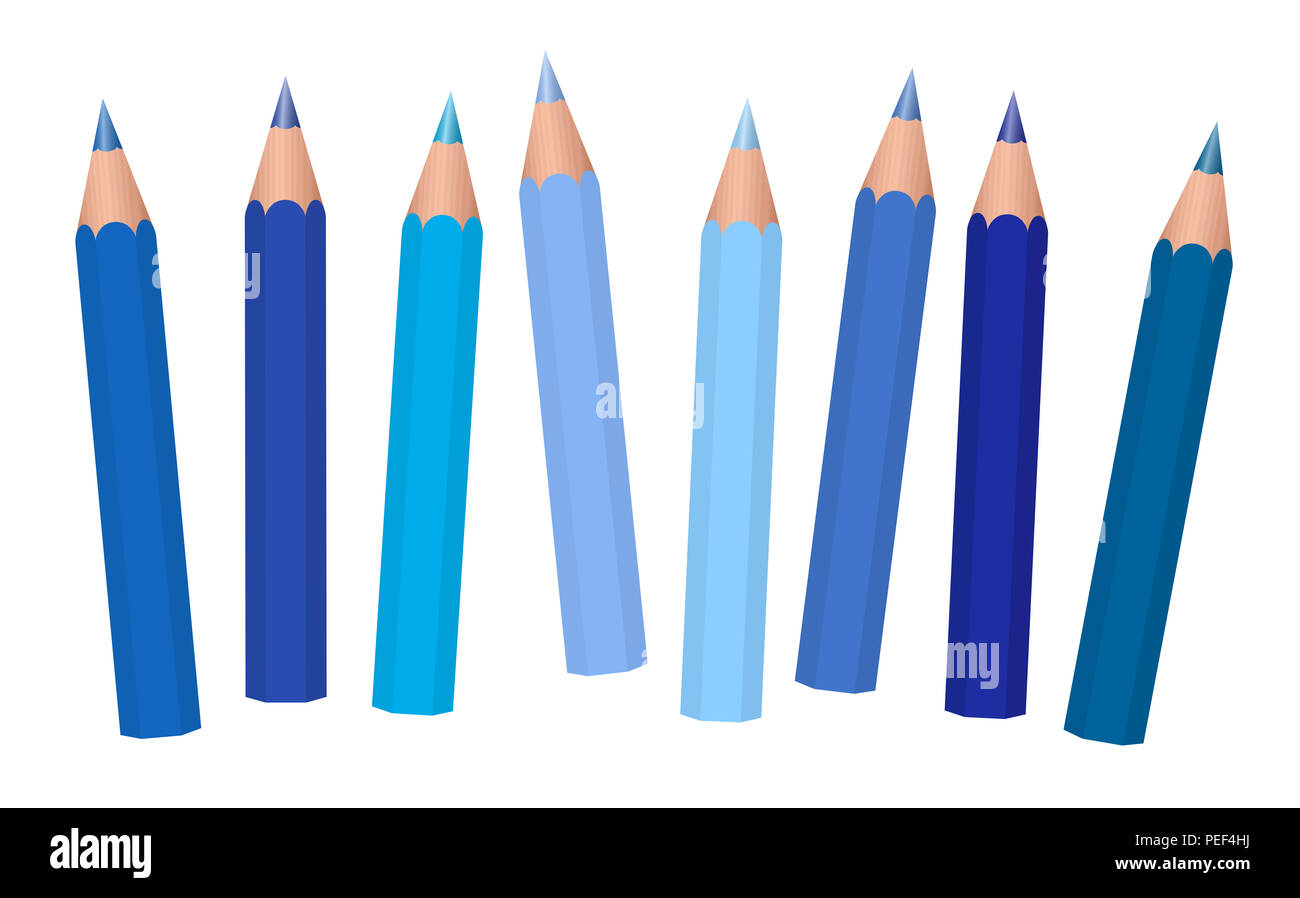 Blue crayons - short pencils loosely arranged, different blues like azure, aqua, sky, royal, midnight, cadet, navy, dark. medium or light blue. Stock Photo