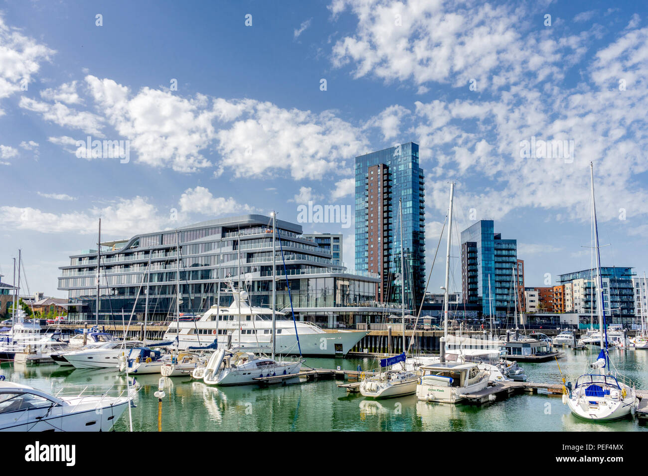 View across the Ocean Village marina to the Southampton Harbour Hotel and Spa, a new five star hotel in Southampton, England, Hampshire, UK Stock Photo