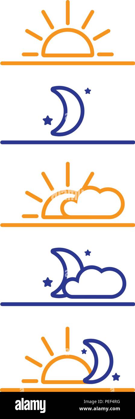 Times of day, morning, evening, night and round the clock vector icons with sun, moon, stars and clouds Stock Vector