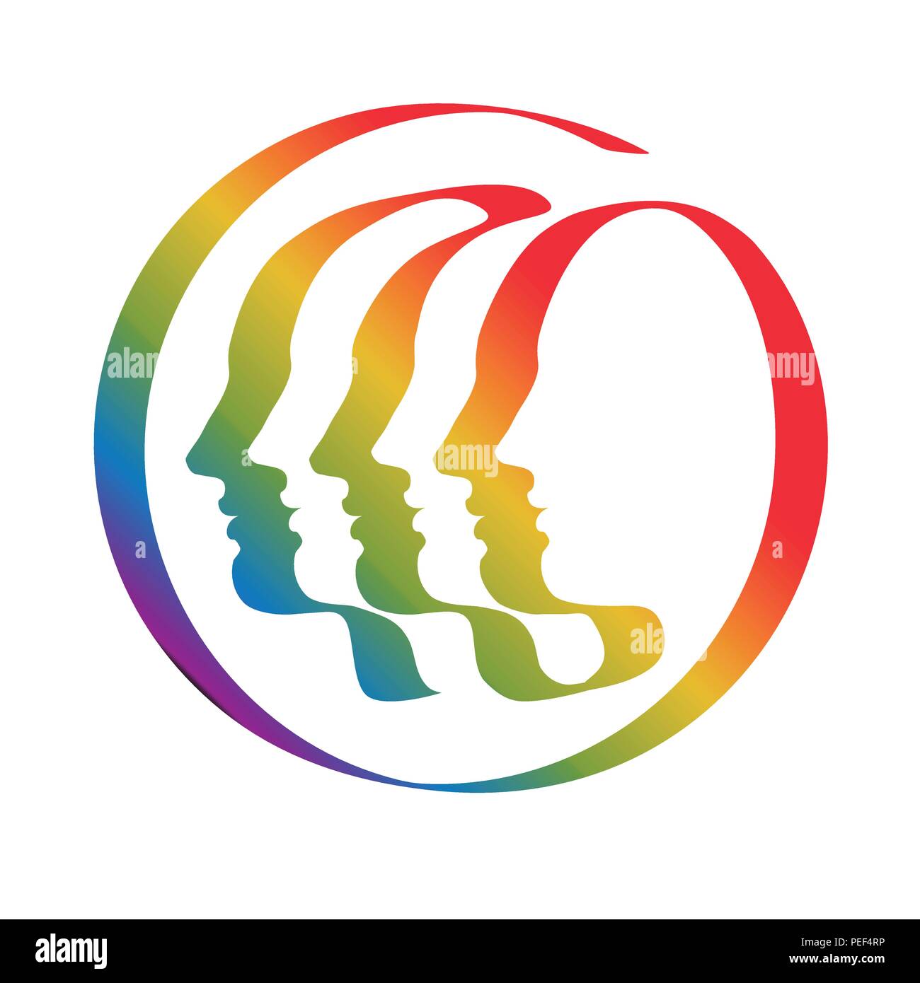 Three (or six) human profile, drawn by multicolored ribbon-like single line. Symbol of the unity in diversity. Vector drawing on isolated background. Stock Vector