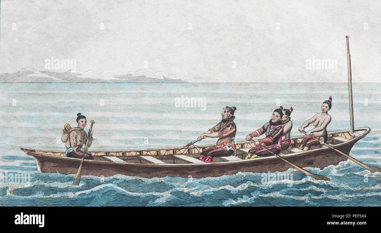 Greenlandic winter boat, hand-colored copper engraving from Friedrich Justin Bertuch picture book for children, 1830, Weimar Stock Photo