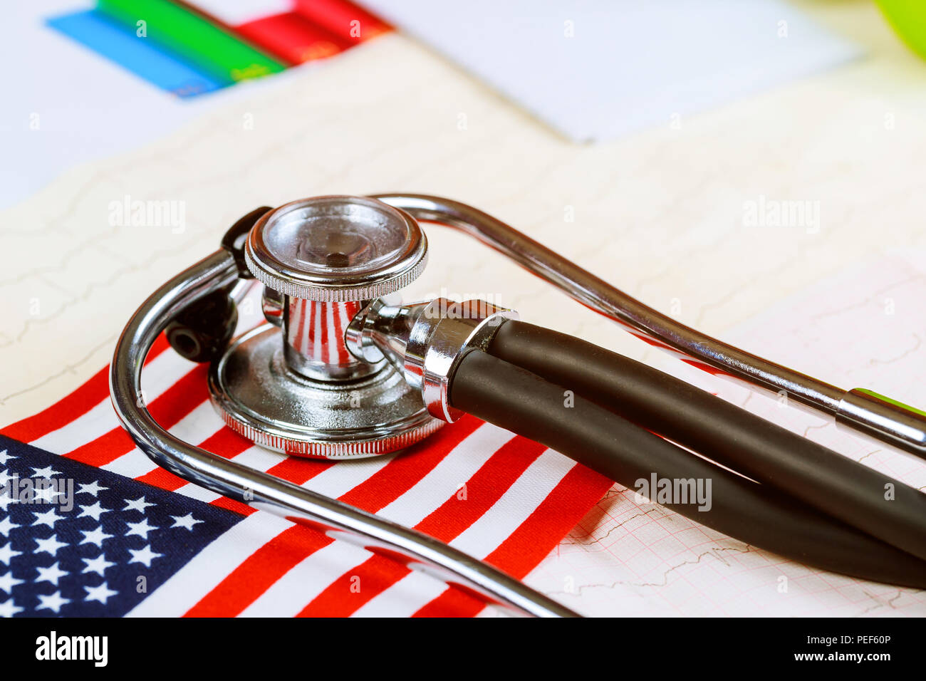 Stethoscope on American national flag American healthcare and medicine