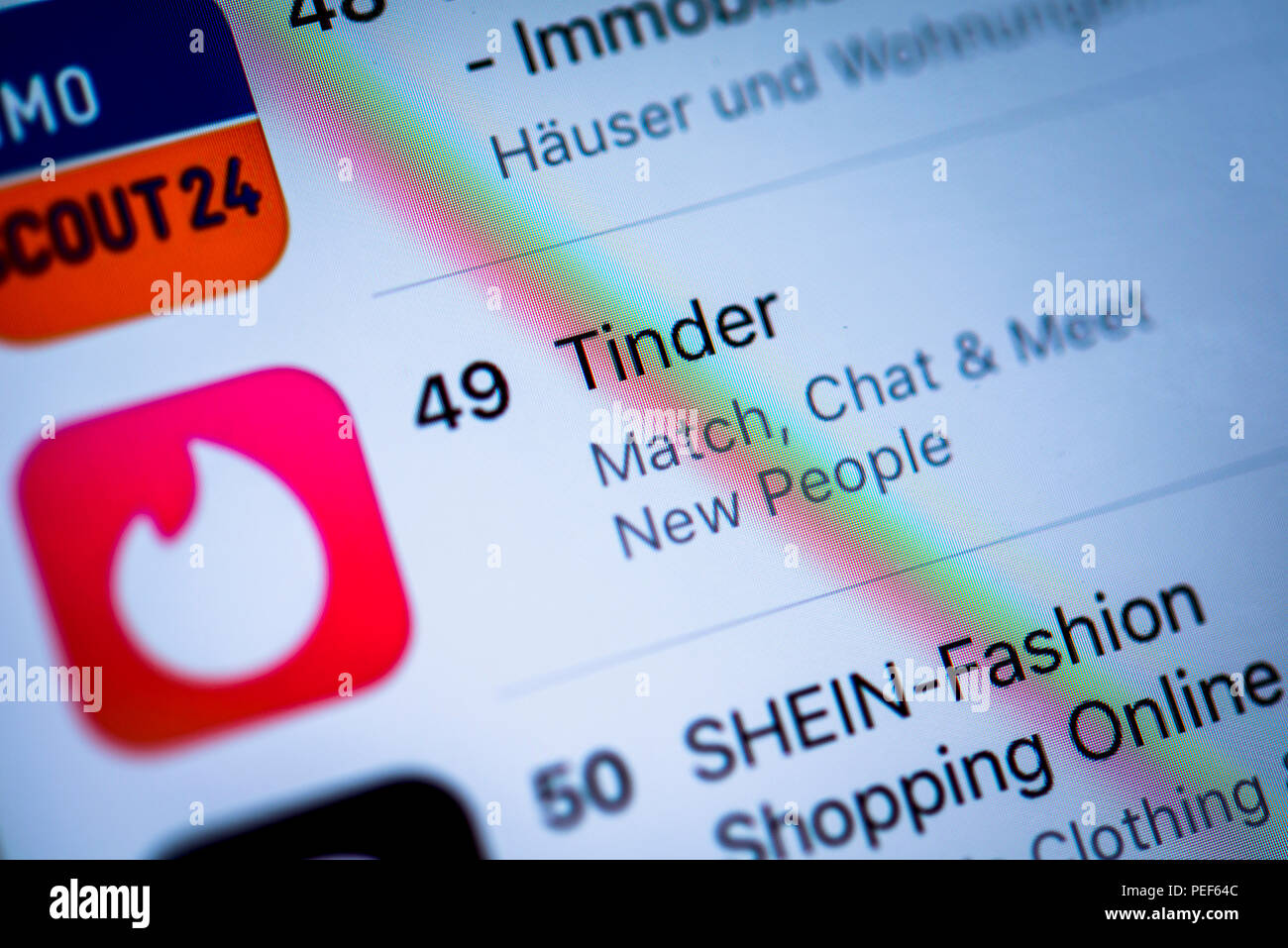 Tinder, online dating app in the Apple App Store, app icon, display, iPhone, iOS, smartphone, display, close-up, detail, Germany Stock Photo