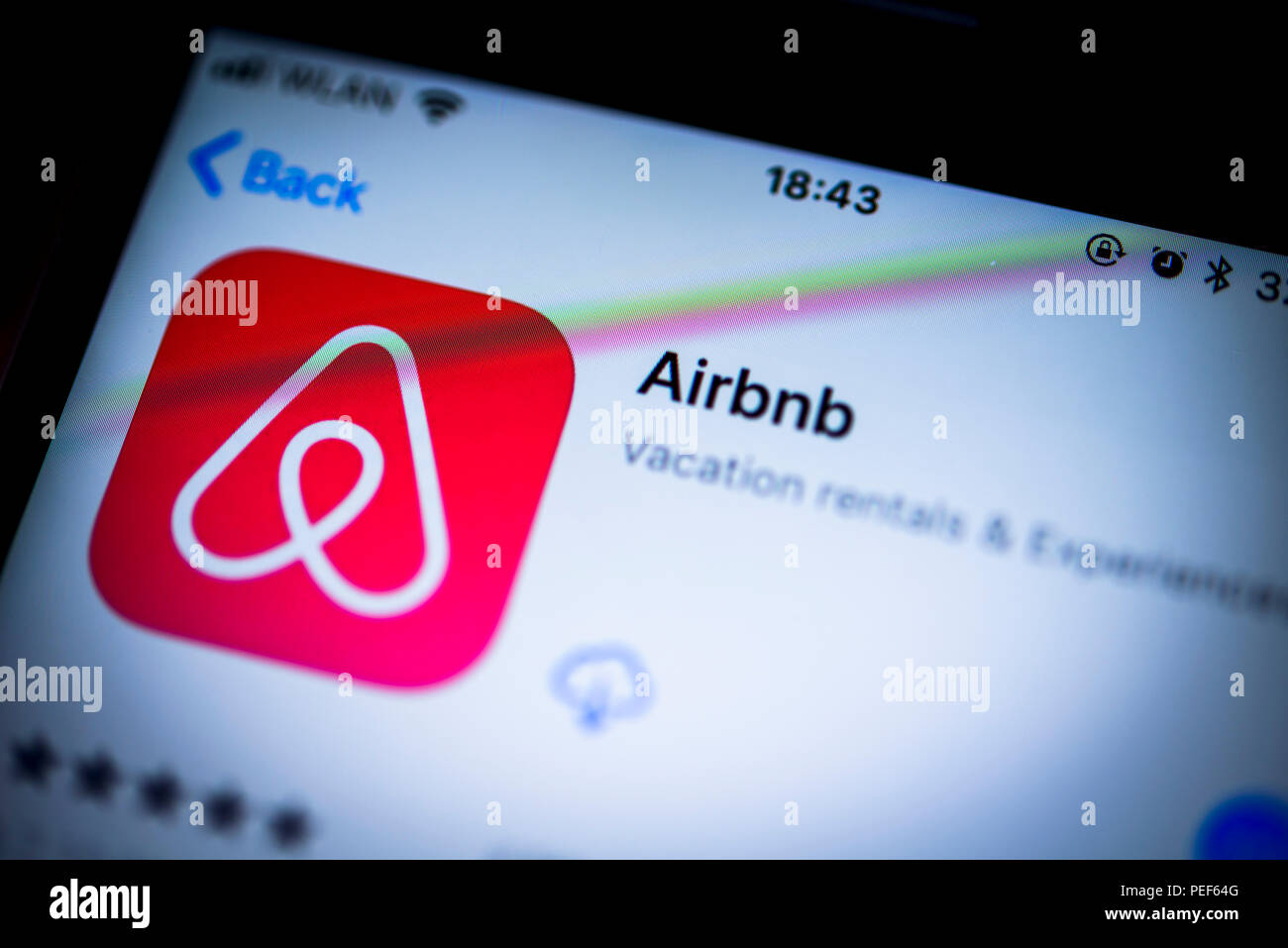 Airbnb, online accommodation and rentals app in the Apple App Store, app icon, display, iPhone, iOS, smartphone, close-up Stock Photo