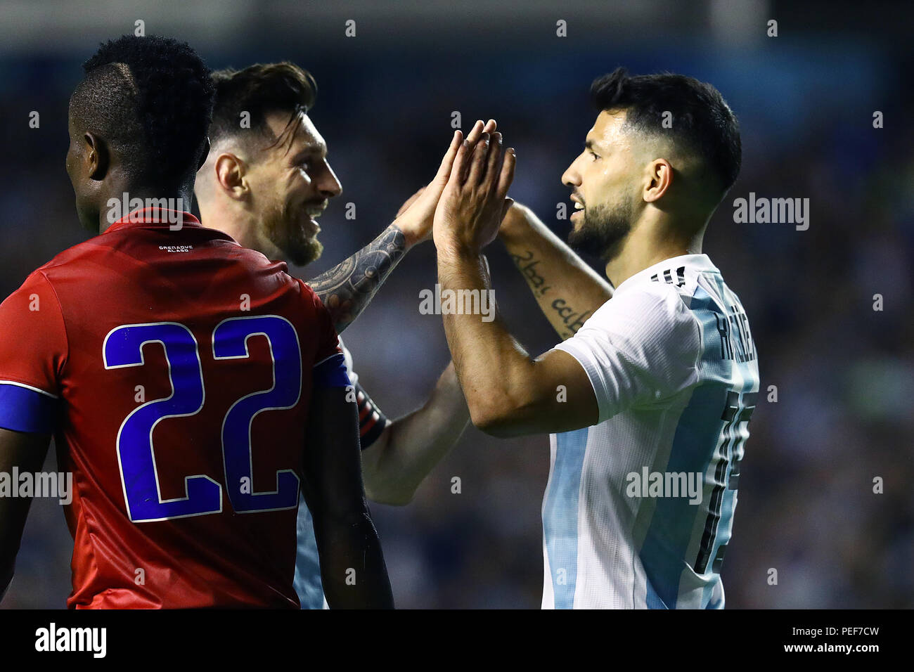 BUENOS AIRES, ARGENTINA - MAY 2018: Lionel Messi and Sergio aguero celebrating the goal Stock Photo