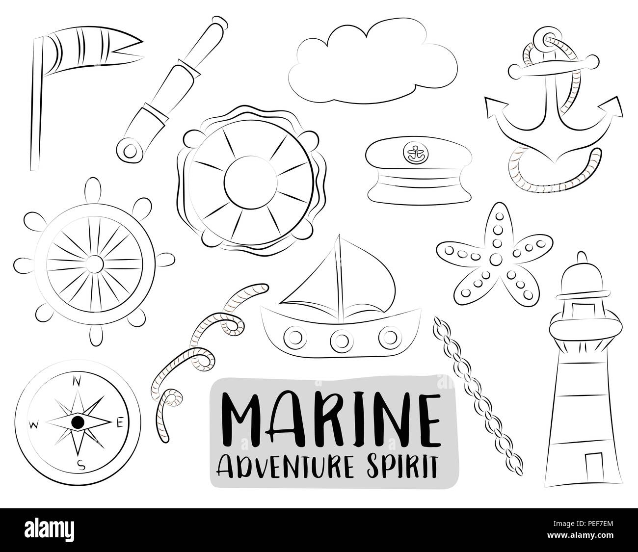 Marine nautical travel icons set. Black and white  hand drawn outline doodle objects. Coloring page kids game. Vector illustrator. Stock Vector