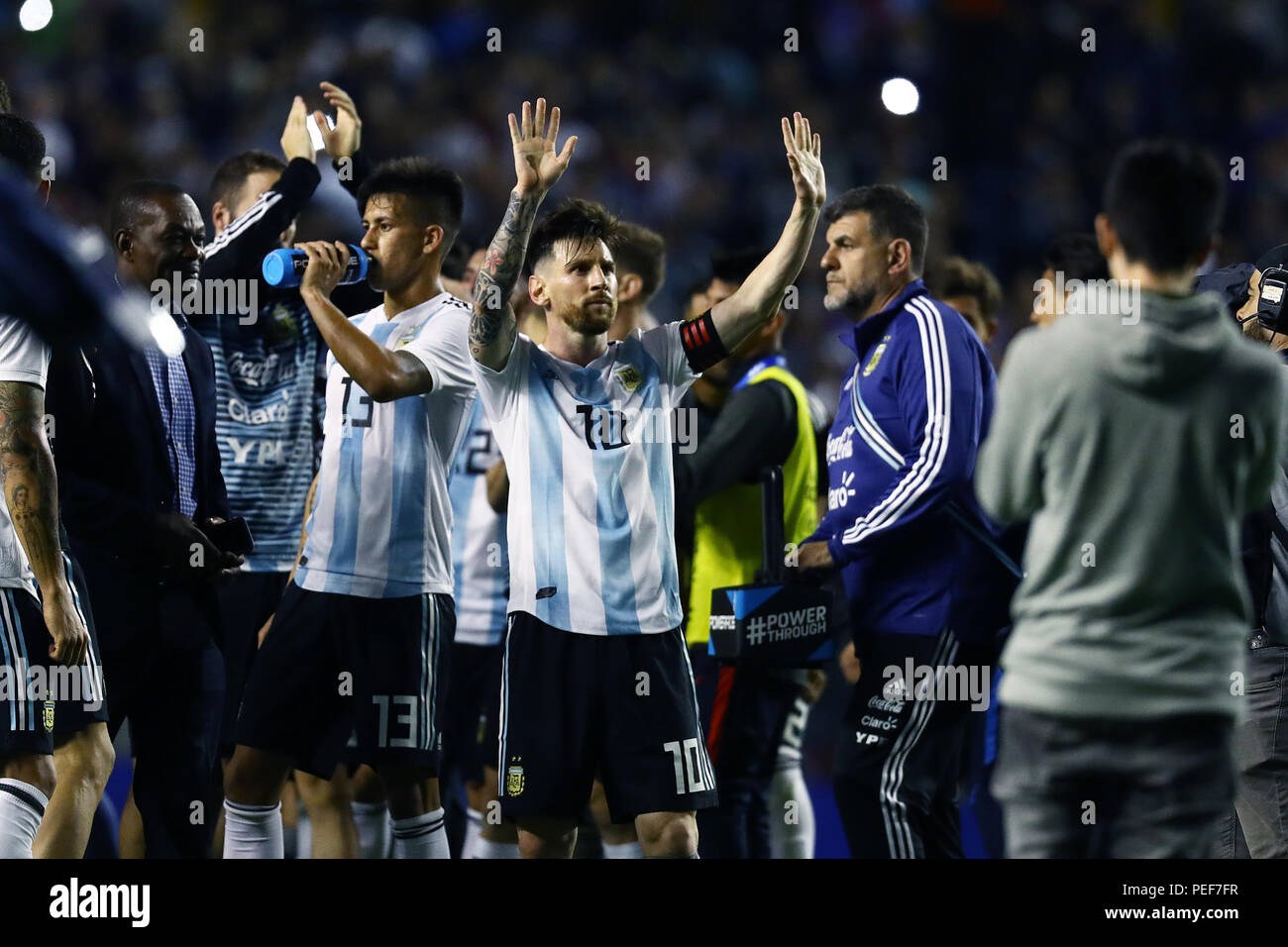 BUENOS AIRES, ARGENTINA - MAY 2018: Lionel Messi waving his arms to thepublic on his last match in argentina before Russia 2018 Stock Photo