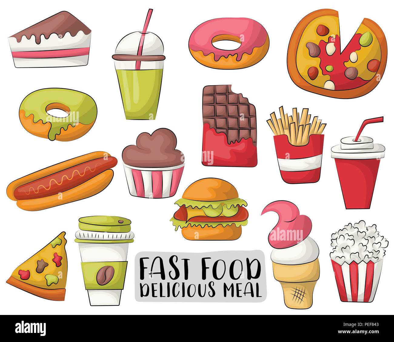 Fast food cartoon icons and objects set. Hand drawn vector illustration  Stock Vector Image & Art - Alamy