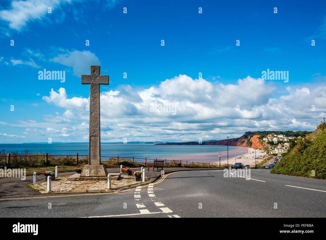 Early morning on the Budleigh sea front and the Memorial is deserted, but later will be busy with holiday makers. Stock Photo