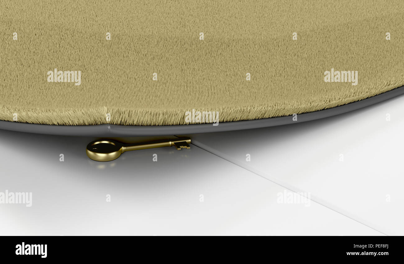 Golden Key Hidden Under The Doormat Close Up Stock Photo
