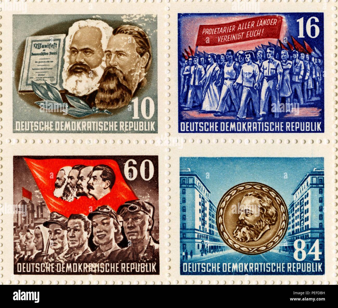 Stamps only from Karl Marx Commemorative Postage Stamp Sheet, East Germany, DDR, 1953 Stock Photo
