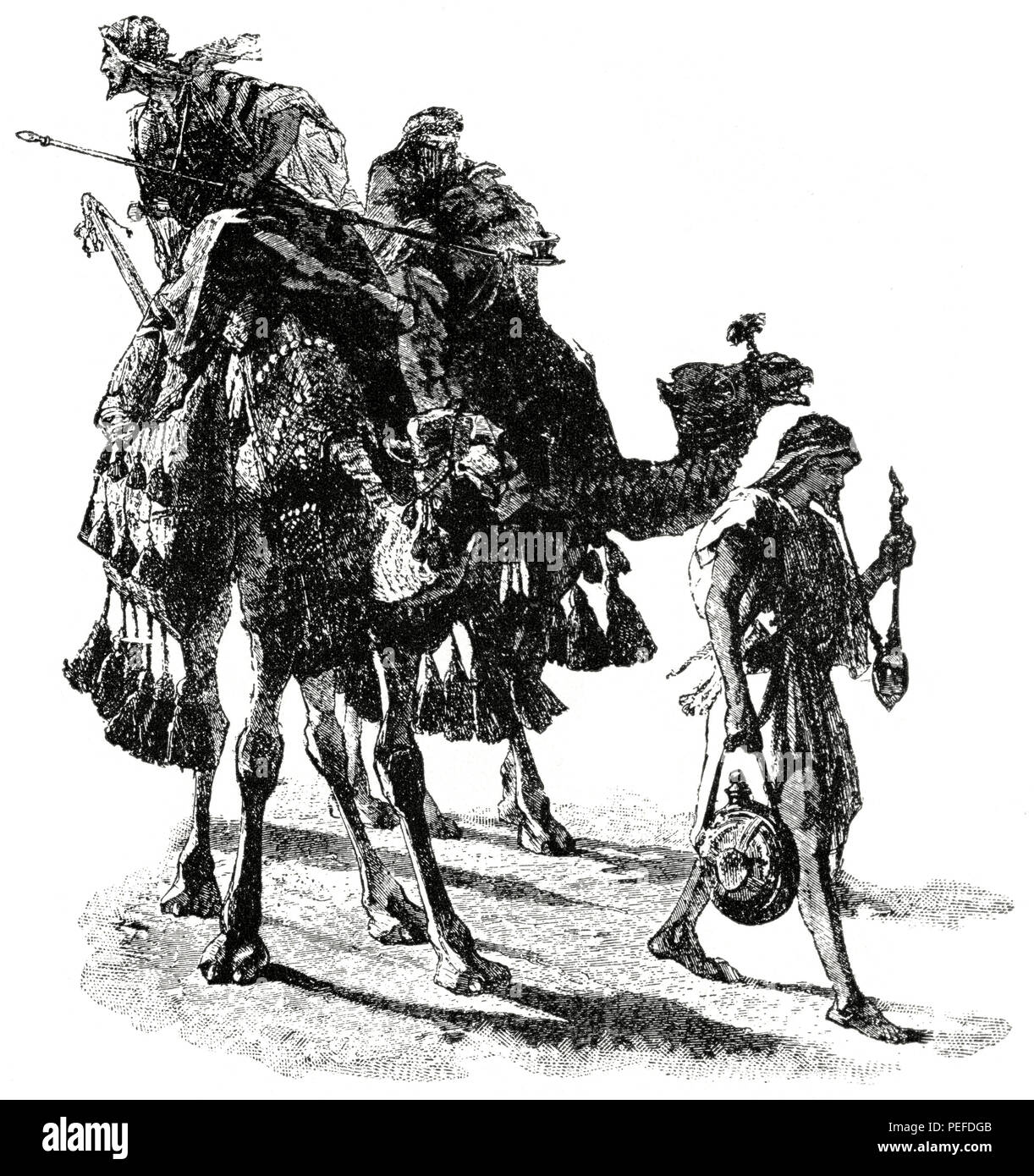 Caravan from Palmyra in Syrian Desert, 1890's, Illustration, Classical Portfolio of Primitive Carriers, by Marshall M. Kirman, World Railway Publ. Co., Illustration, 1895 Stock Photo