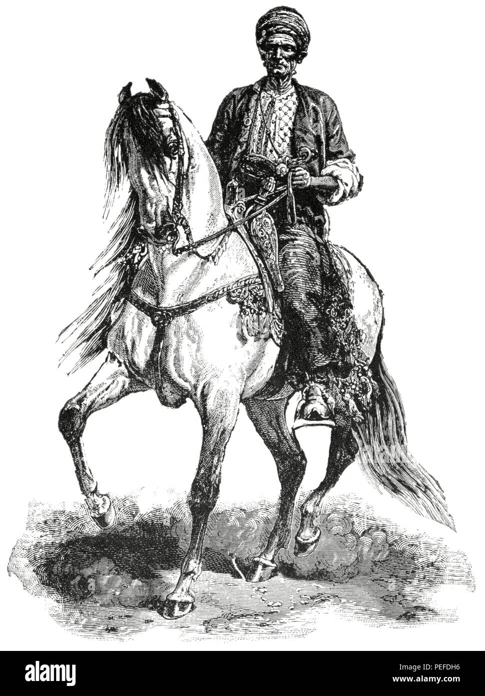Kurdish Chief on Horse, Turkey, 1890's, Illustration, Classical Portfolio of Primitive Carriers, by Marshall M. Kirman, World Railway Publ. Co., Illustration, 1895 Stock Photo