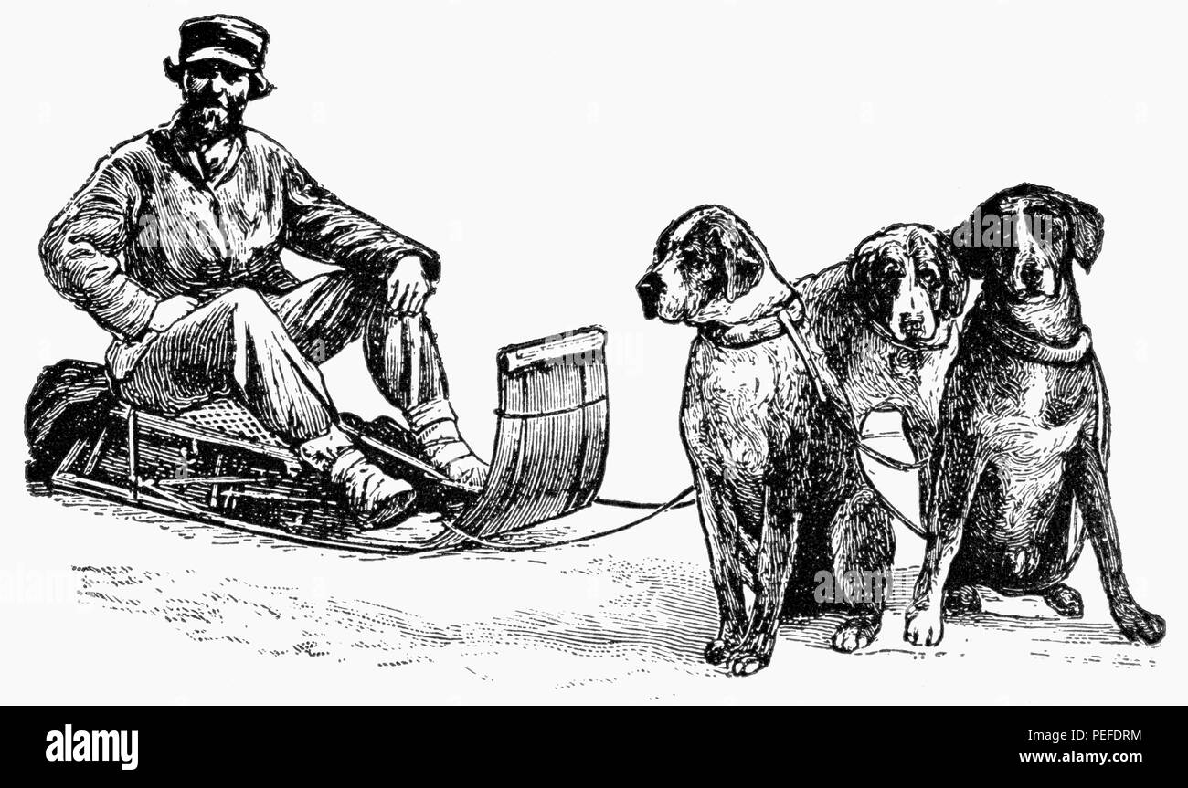 Canada Post Dog Sled, Manitoba, Canada, Illustration, Classical Portfolio of Primitive Carriers, by Marshall M. Kirman, World Railway Publ. Co., Illustration, 1895 Stock Photo