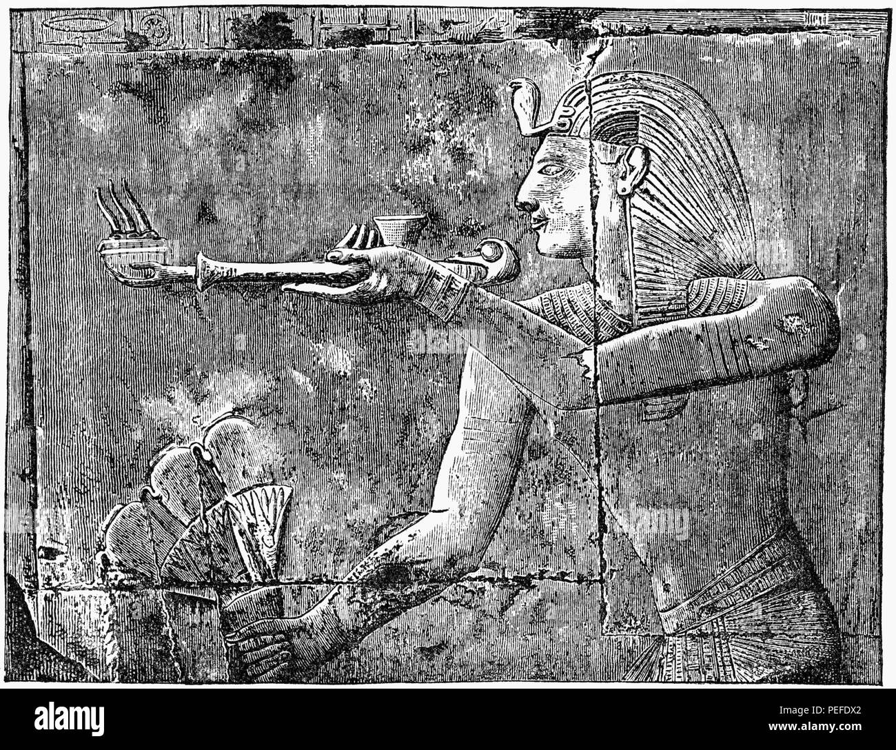 Relief Engraving of Seti I Burning an Offering of Incense, Abydos, Egypt, Illustration