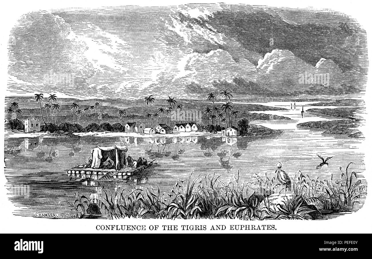 Confluence of Tigris & Euphrates Rivers, Illustration, Cyclopaedia of Universal History, Volume 1, The Ancient World, by John Clark Ridpath, the Jones Brothers Publishing Company, 1885 Stock Photo