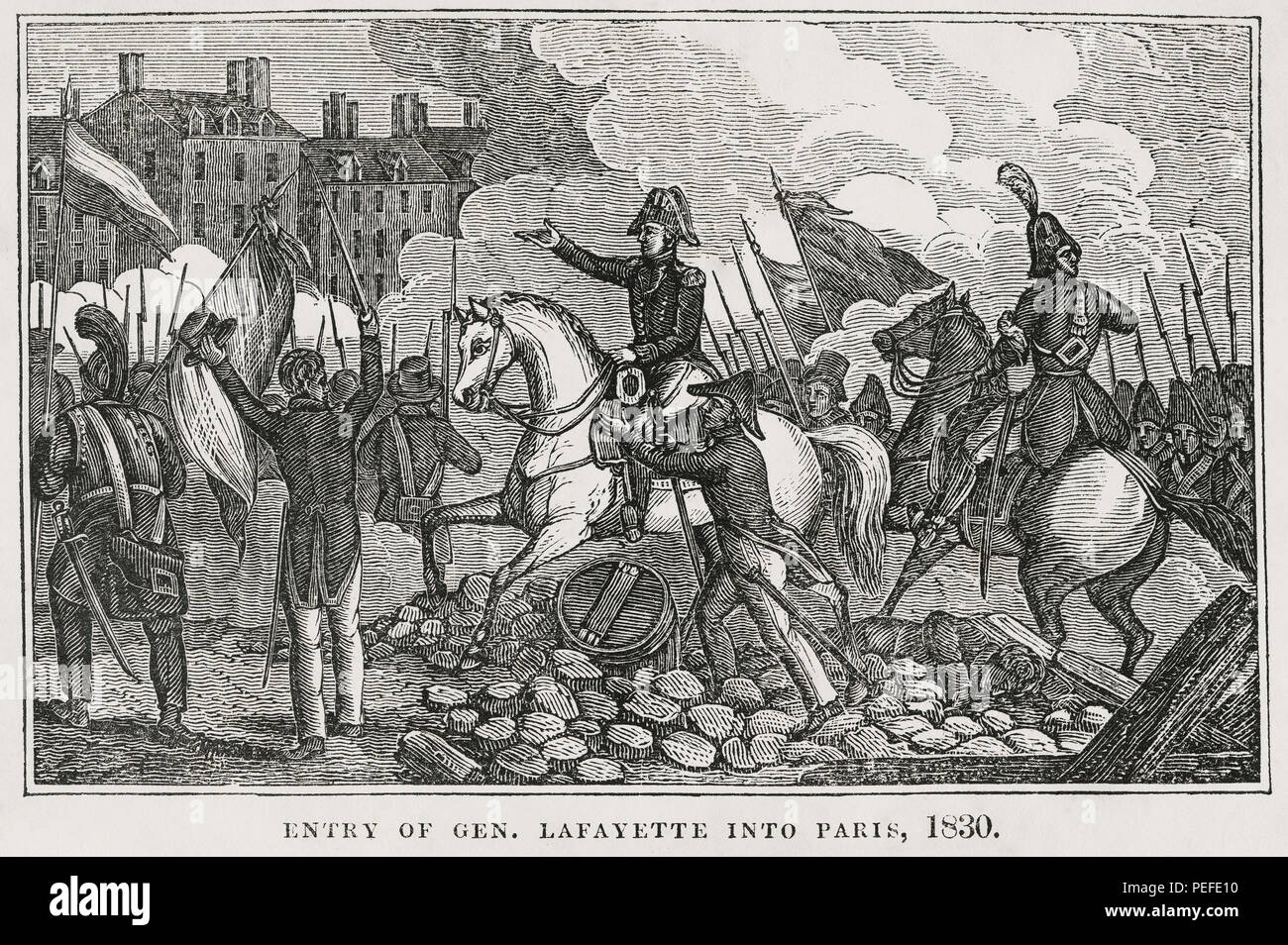 Entry of General Lafayette into Paris, 1830, Illustration from the Book, Historical Cabinet, L.H. Young Publisher, New Haven, 1834 Stock Photo